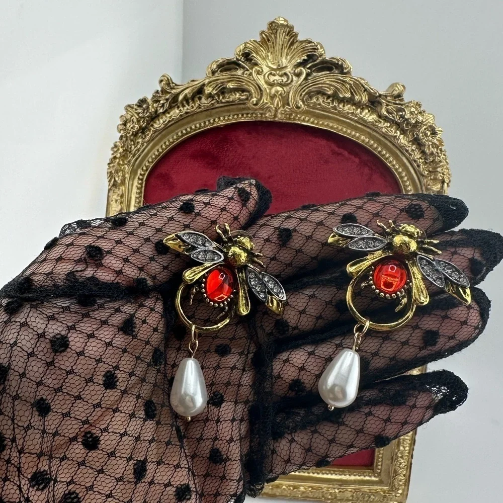Vintage Luxury Honeybee Gold Red Pearl Drop Earrings